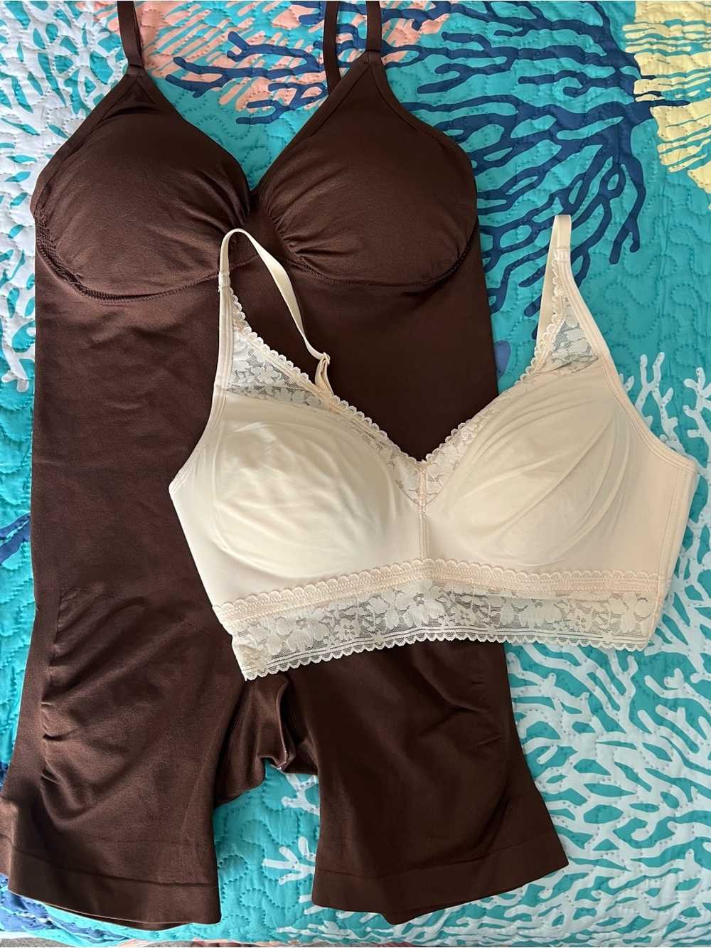 Anybody Womans Brown Shapewear undergarment and Cream Lace Bralette.